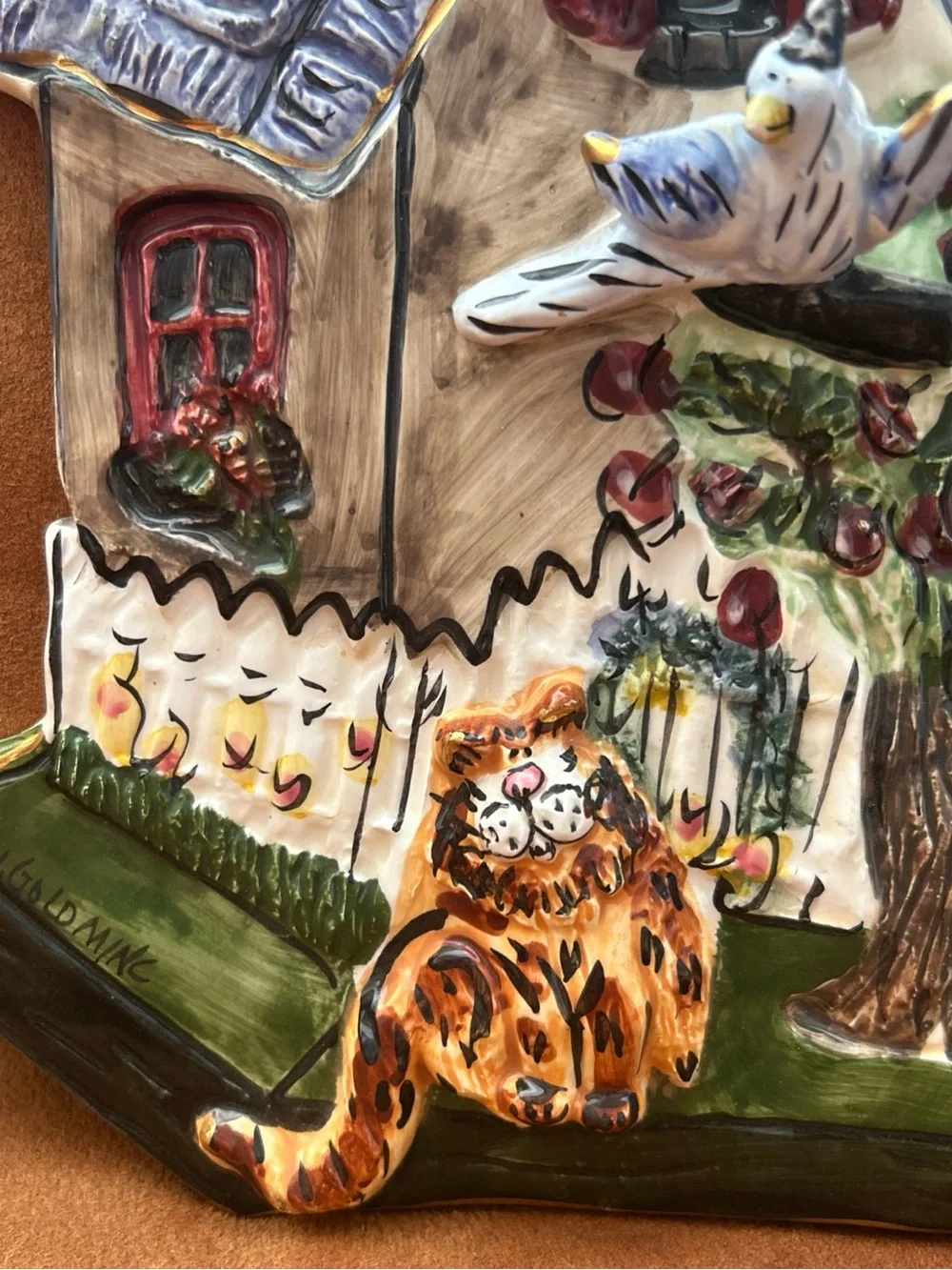 Blue Sky Our Place Wall Hanging Ceramic Heather Goldminc Signed Cat Bird 3D